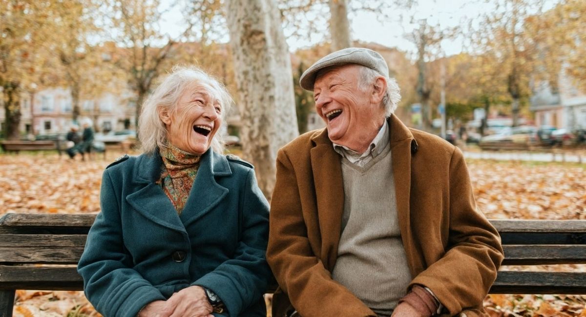 Älteres Ehepaar sitzt glücklich lachend auf einer Parkbank – Hörvorsorge verbessert Lebensqualität