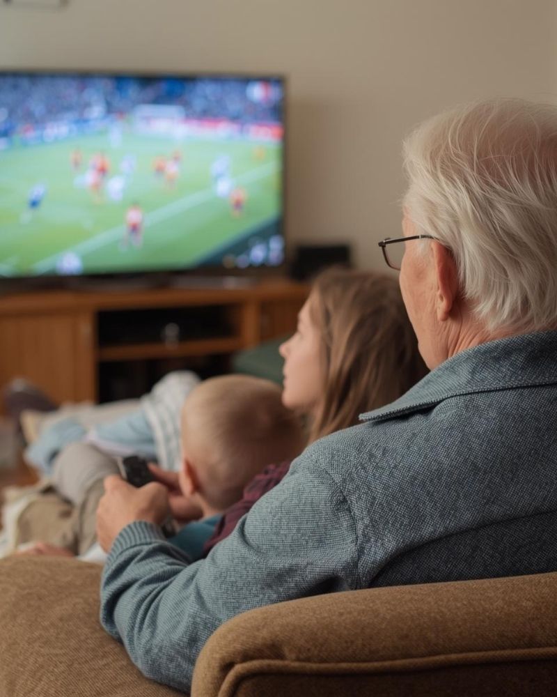 Älterer Mann schaut mit Enkeln fernseh – erhöhte TV-Lautstärke als Warnsignal für Schwerhörigkeit
