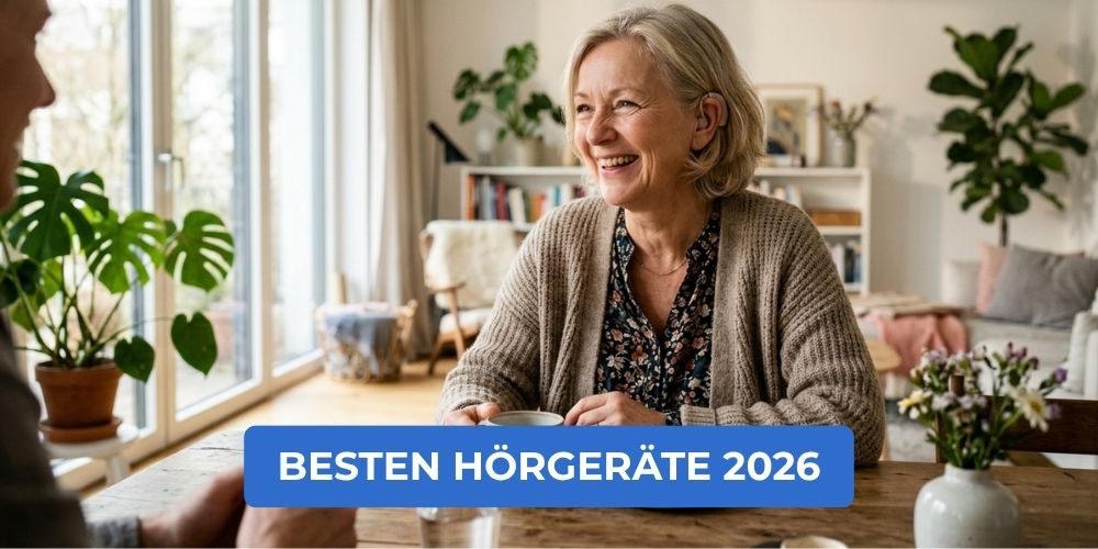 Lächelnde Frau mit Hörgerät im Gespräch am Wohnzimmertisch – Die besten Hörgeräte 2026 im Vergleich