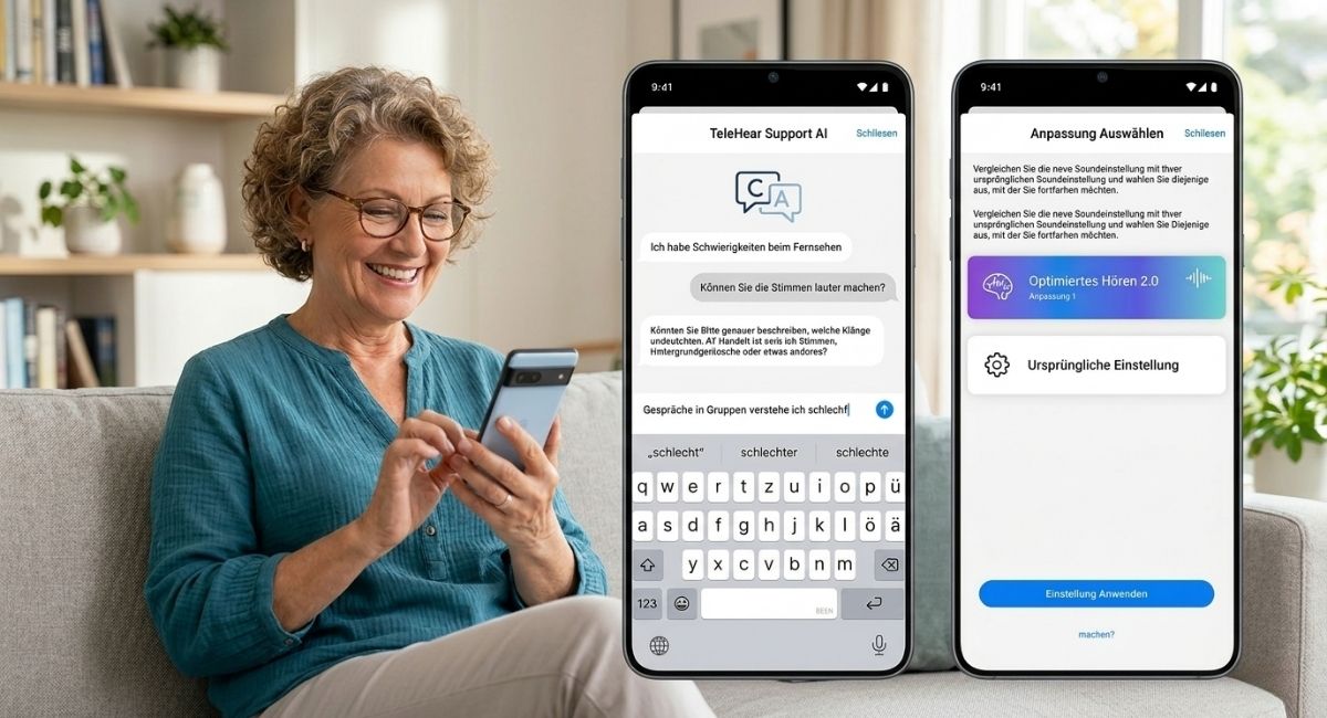 Frau nutzt die Starkey TeleHear AI App auf dem Smartphone – KI-Chatbot für Hörgeräte-Anpassung in Echtzeit mit Ansicht der Klangoptimierung