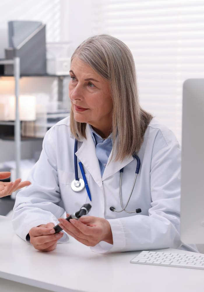 HNO-Ärztin mit Otoskop erklärt einer Patientin die Ergebnisse des Hörtests – erster Schritt zur Erstversorgung mit Hörgeräten