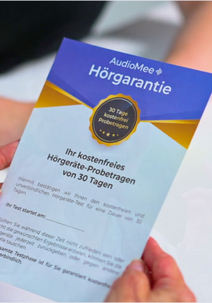 AudioMee Hörgarantie-Zertifikat für 30 Tage kostenfreies Hörgeräte-Probetragen – unverbindliche Testphase bei der Erstversorgung