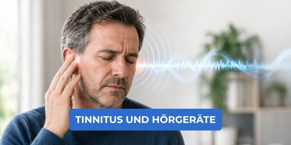 Mann fasst sich ans Ohr mit visualisierten Schallwellen – Tinnitus mit modernen Hörgeräten lindern