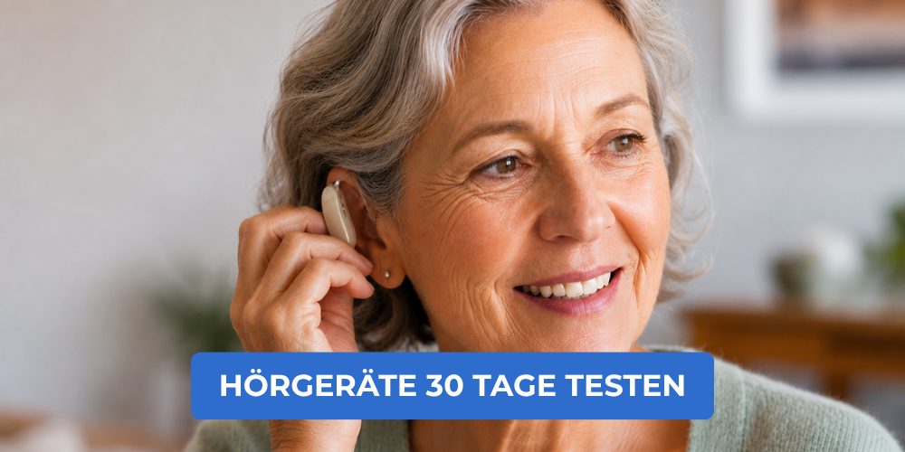 Lächelnde Seniorin trägt ihr neues Hörgerät und testet es 30 Tage kostenfrei bei AudioMee zuhause