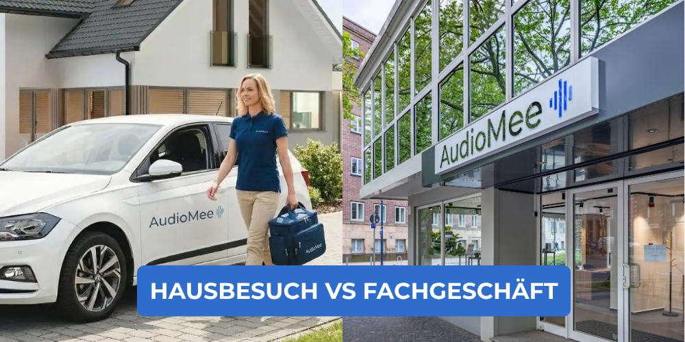 Hörgeräte-Hausbesuch vs. Fachgeschäft: AudioMee Hörakustik-Meister kommt mit Service-Auto und Tasche direkt zum Wohnhaus, daneben die AudioMee-Filiale