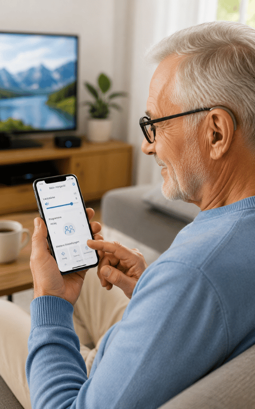 Senior mit Hörgerät steuert die Lautstärke per Smartphone-App beim Fernsehen zu Hause