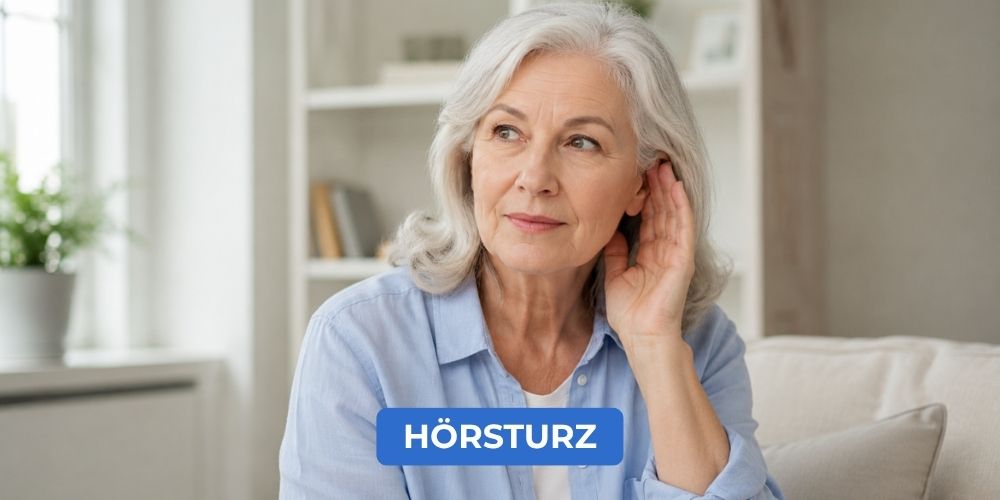 Frau hält die Hand ans Ohr, um besser zu hören – Ratgeber Hörsturz